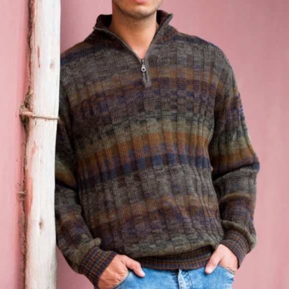 NOVICA Peruvian Alpaca Traveler Quarter Zip Stripe Sweater Men’s XL - Picture 13 of 14